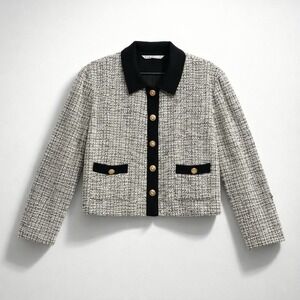 Cleo Petites Women Black White Tweed Gold Metallic Button Front Blazer‎ Jacket L